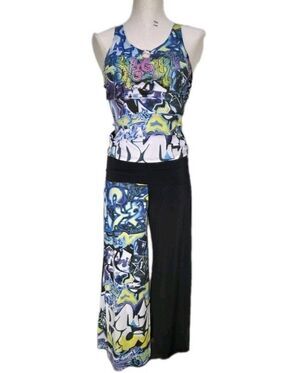 Y2K Funky Diva Super Flare Hip Hop Graffiti Street Dance Capri Pant + Tank Set M
